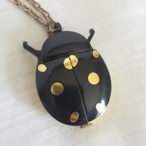 Rare Vintage Hamlin Black Gold Ladybug Necklace Watch Wind Up - Picture 3 of 6